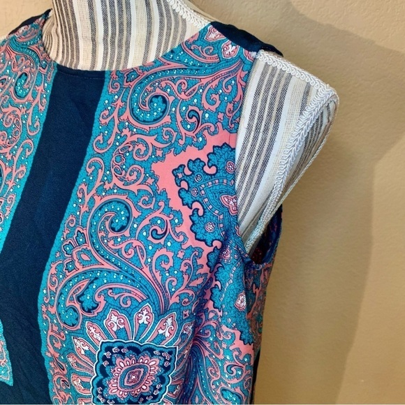 LOFT Sheath Dress Small Teal Pink Navy Sleeveless Lightweight Patterned Back Zip - Picture 7 of 14